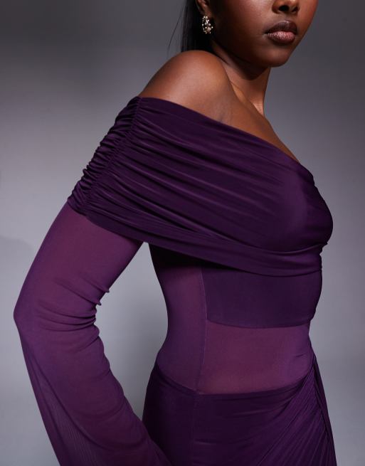 Kaiia exclusive double-layered slinky foldover bardot sheer panel ruched skirt maxi dress in plum, 2 of 4