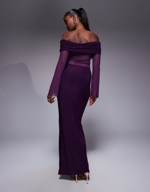 Kaiia exclusive double-layered slinky foldover bardot sheer panel ruched skirt maxi dress in plum, 3 of 4