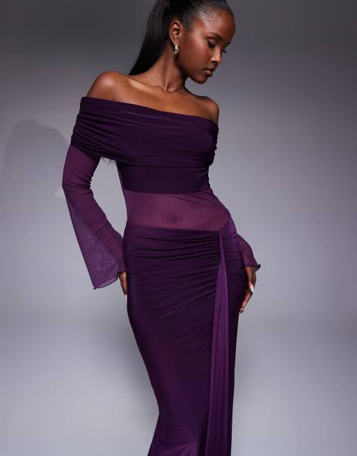 Kaiia exclusive double-layered slinky foldover bardot sheer panel ruched skirt maxi dress in plum, 4 of 4