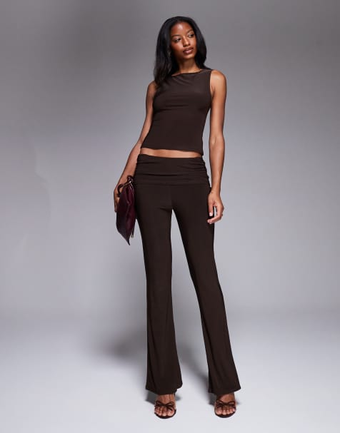 Kaiia exclusive double layered slinky foldover flared pants in chocolate - part of a set - view 1