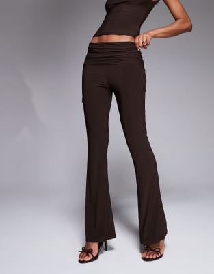 Kaiia Exclusive Double Layered Slinky Foldover Flared Pants In Brown