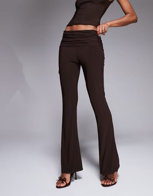 Kaiia exclusive double layered slinky foldover flared pants in chocolate - part of a set