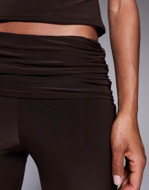 Kaiia exclusive double layered slinky foldover flared pants in chocolate - part of a set