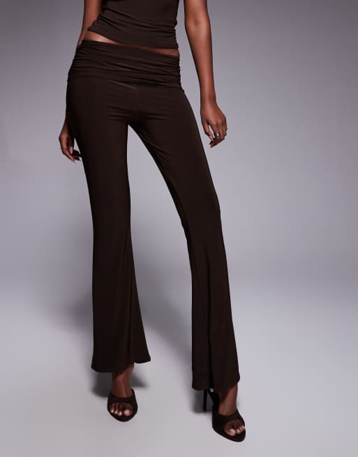 Kaiia exclusive double layered slinky foldover flared trousers co-ord in chocolate, 2 of 5