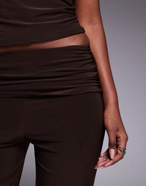 Kaiia exclusive double layered slinky foldover flared trousers co-ord in chocolate, 5 of 5