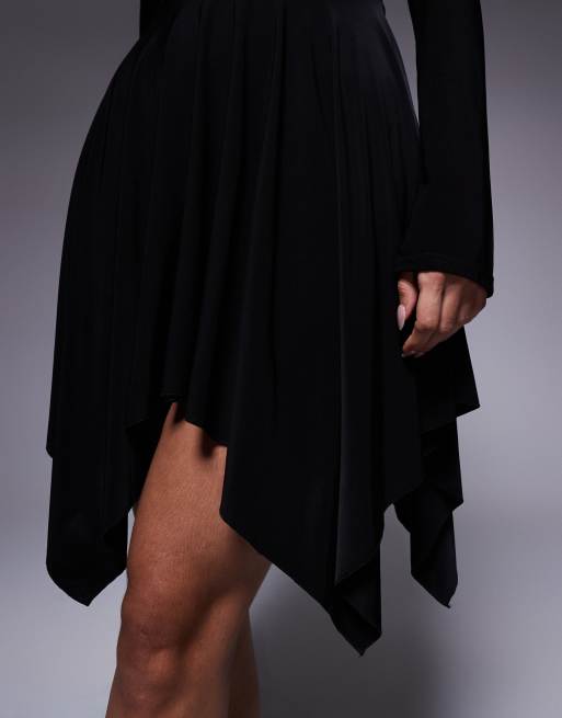 Kaiia exclusive double layered slinky foldover off the shoulder handkerchief hem mini dress in black, 3 of 4