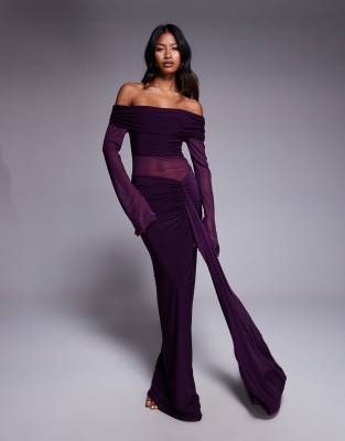 Kaiia Exclusive Double Layered Slinky Foldover Off The Shoulder Sheer Panel Ruched Skirt Maxi Dress In Purple