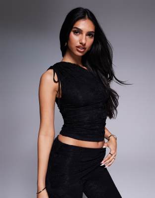exclusive double layered slinky gathered one shoulder lace top in black - part of a set