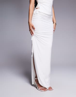 Kaiia Exclusive Double Layered Slinky Gathered Tie Side Thigh Slit Maxi Skirt In White