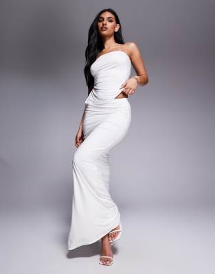 Kaiia Kaiia exclusive double layered slinky gathered tie side thigh split maxi skirt co-ord in white