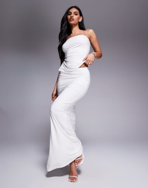 Kaiia exclusive double-layered slinky gathered tie side thigh split maxi skirt in white (Part of a set) - view 1