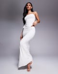 [Kaiia] Kaiia exclusive double-layered slinky gathered tie side thigh split maxi skirt in white (Part of a set) 6 WHITE