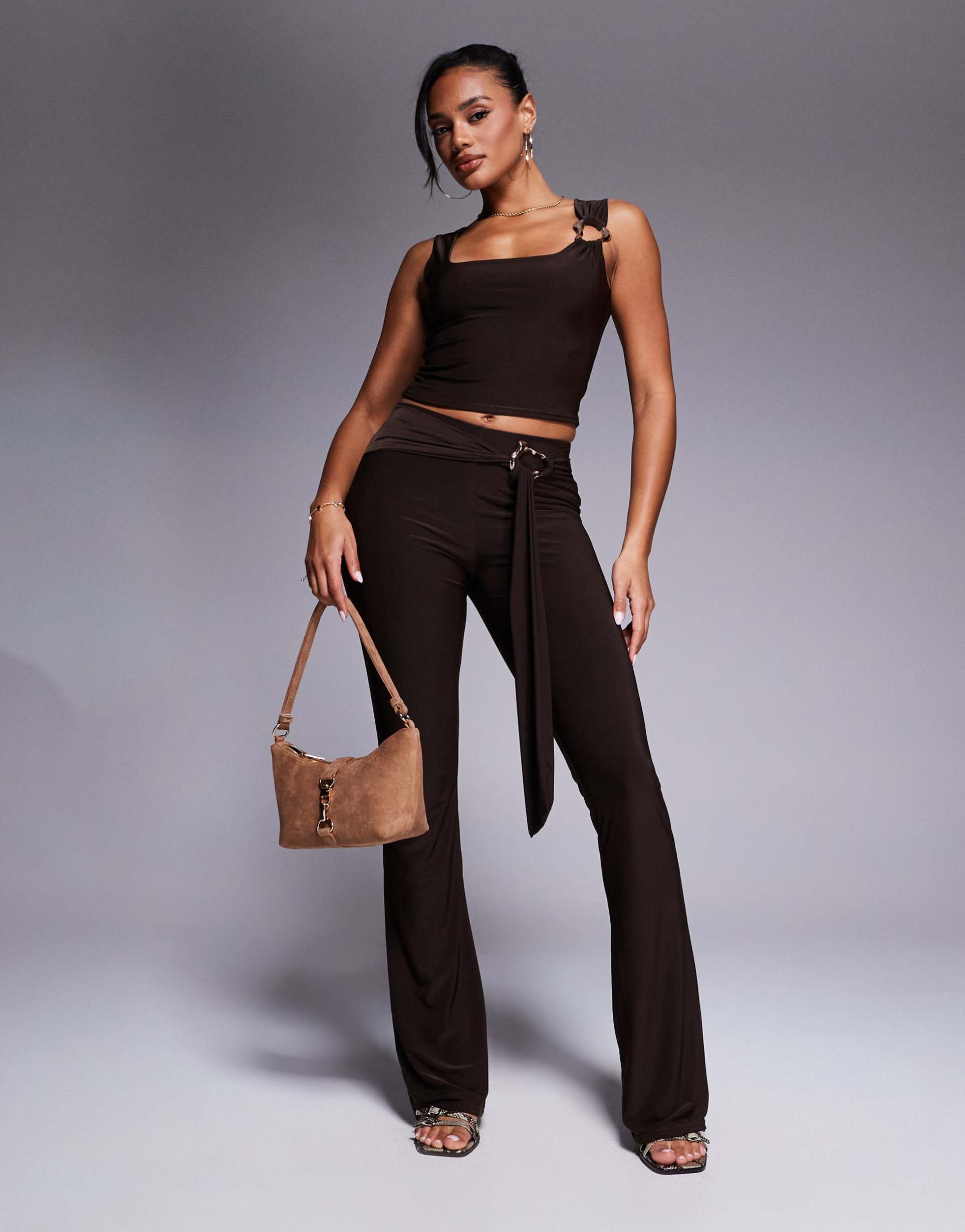 kaiia exclusive double layered slinky gold hardware belt detail pants in chocolate - part of a set