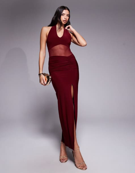 Kaiia exclusive double layered slinky halterneck sheer mesh panel maxi dress in burgundy - view 1