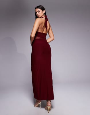 Kaiia Exclusive Double Layered Slinky Halterneck Sheer Mesh Panel Maxi Dress In Red