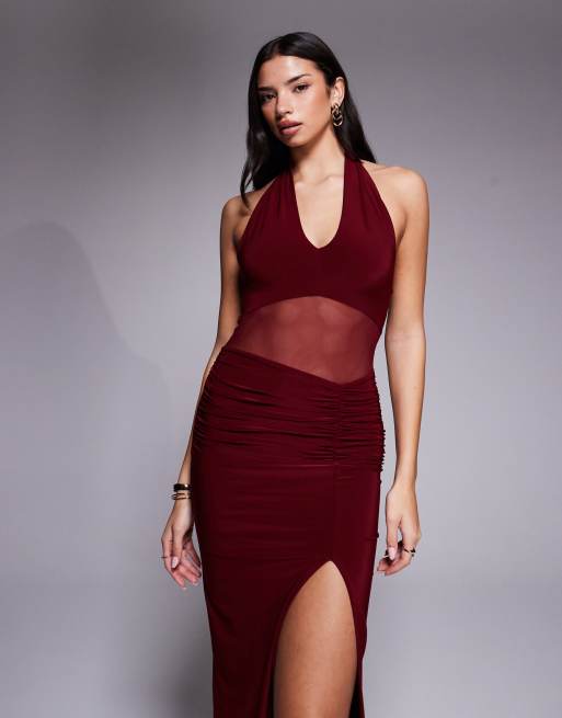 Kaiia exclusive double layered slinky halterneck sheer mesh panel maxi dress in burgundy, 3 of 4