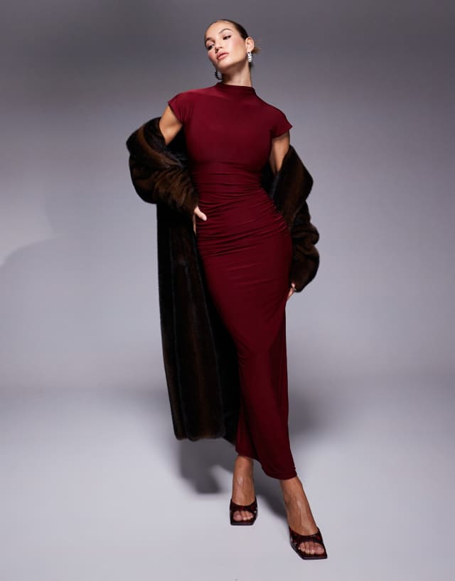 Kaiia exclusive double layered slinky high neck cap sleeve bodycon maxi dress in burgundy