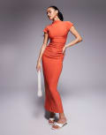 [Kaiia] Kaiia exclusive double-layered slinky high neck cap sleeve bodycon maxi dress in orange 6 ORANGE