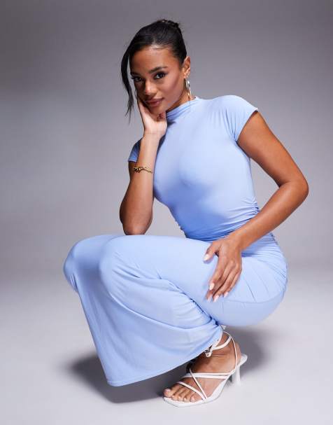 Kaiia exclusive double layered slinky high neck cap sleeve bodycon maxi dress in sky blue - view 1