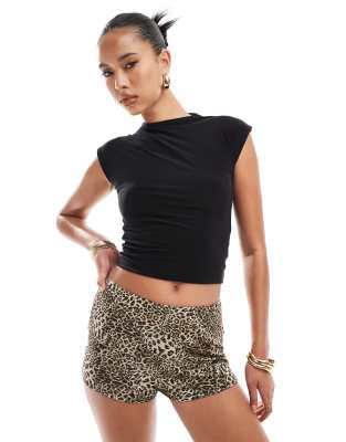 Kaiia Kaiia exclusive double layered slinky high neck cap sleeve top in black