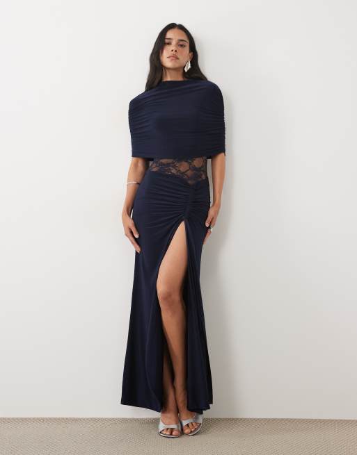 long dresses with thigh high slits Kaiia exclusive double layered slinky neck cape lace insert detail slit maxi dress in navy split thigh dress