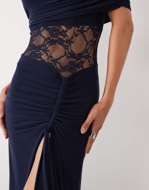 Kaiia exclusive double layered slinky high neck cape lace insert detail thigh split maxi dress in navy, 2 of 4