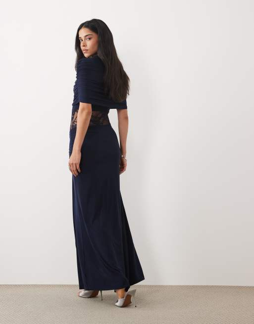 Kaiia exclusive double layered slinky high neck cape lace insert detail thigh split maxi dress in navy, 3 of 4