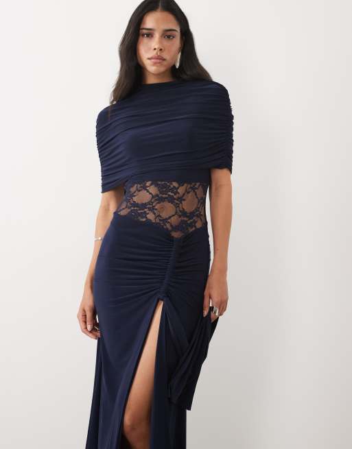Kaiia exclusive double layered slinky high neck cape lace insert detail thigh split maxi dress in navy, 4 of 4
