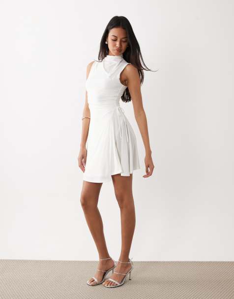 Kaiia exclusive double layered slinky high neck long sleeve tie side skater mini dress in white - view 1