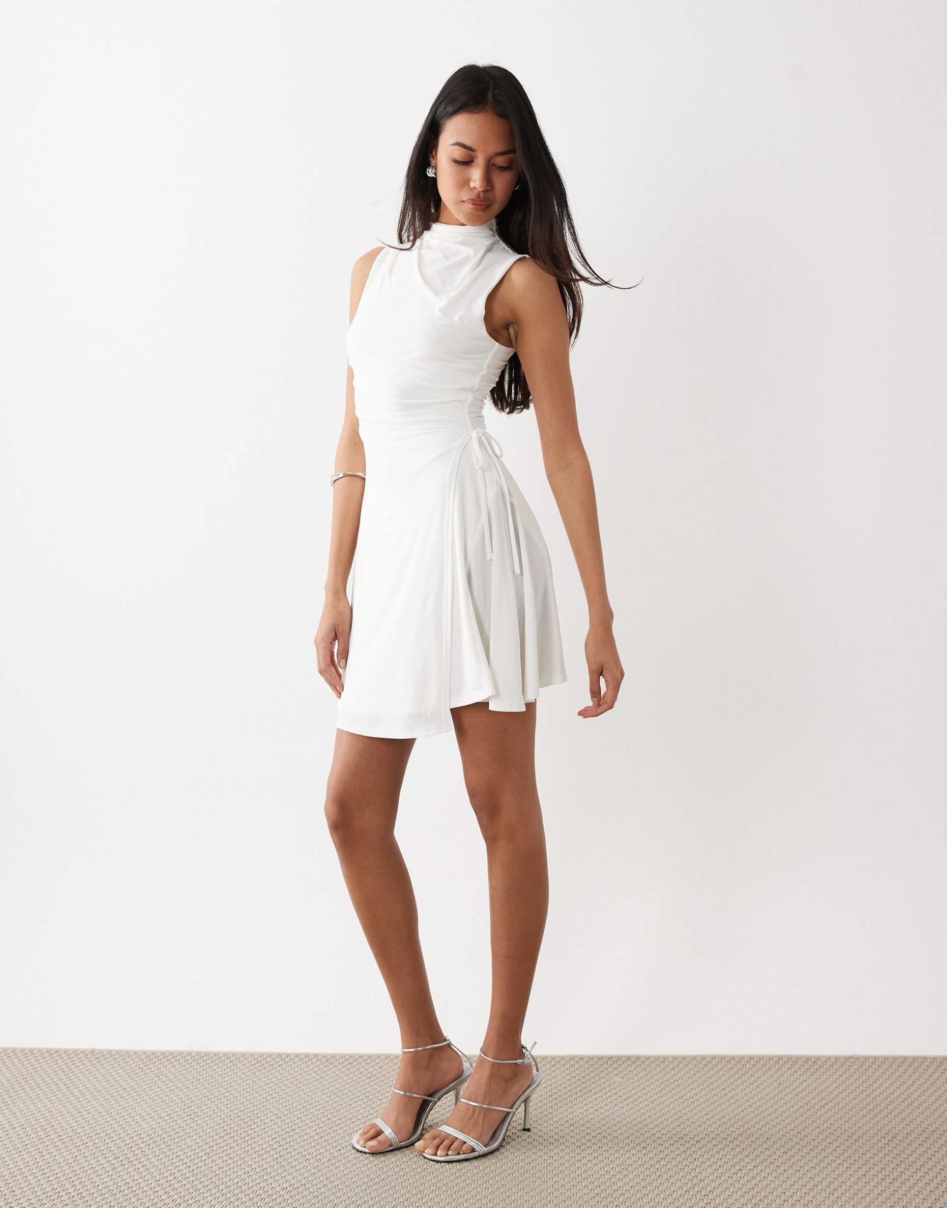 kaiia exclusive double layered slinky high neck long sleeve tie side skater mini dress in white