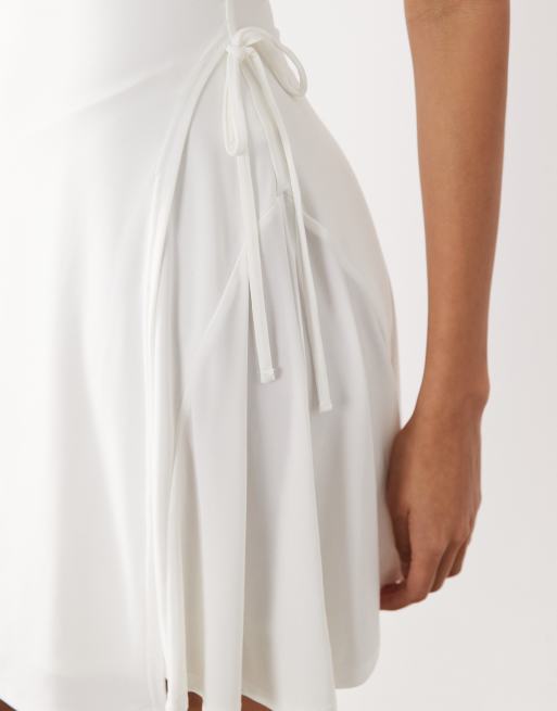 Kaiia exclusive double layered slinky high neck long sleeve tie side skater mini dress in white, 2 of 4