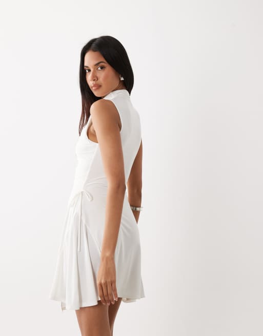 Kaiia exclusive double layered slinky high neck long sleeve tie side skater mini dress in white, 3 of 4