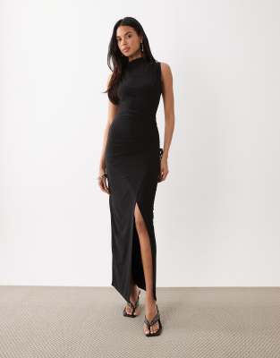 Kaiia Exclusive Double Layered Slinky High Neck Ruched Side Detail Maxi Dress In Black