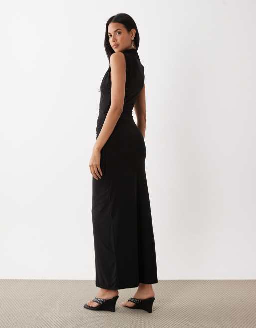 Kaiia exclusive double layered slinky high neck ruched side detail maxi dress in black, 3 of 4