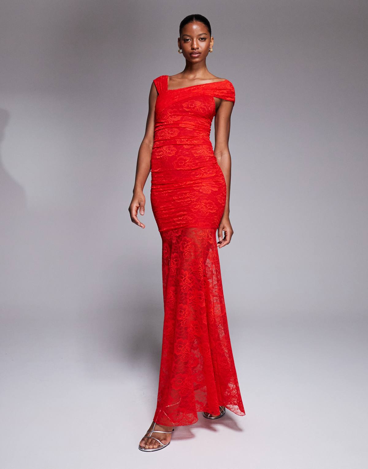Kaiia exclusive double layered slinky lace asymmetric one shoulder sheer hem maxi dress in red