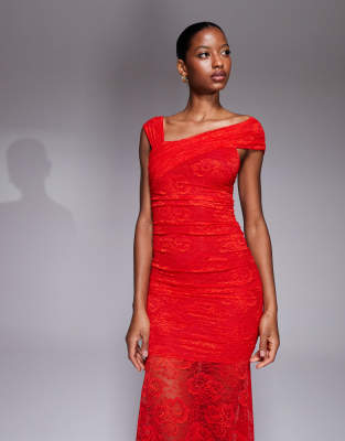 Kaiia Exclusive Double Layered Slinky Lace Asymmetric One Shoulder Sheer Hem Maxi Dress In Red