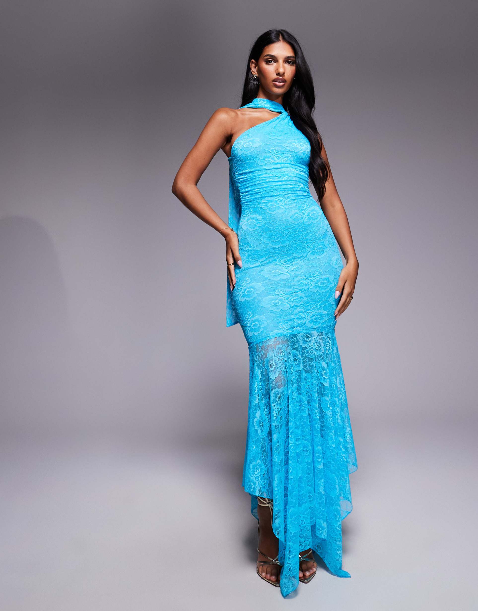 kaiia exclusive double layered slinky lace asymmetric scarf neck sheer hem maxi dress in aqua