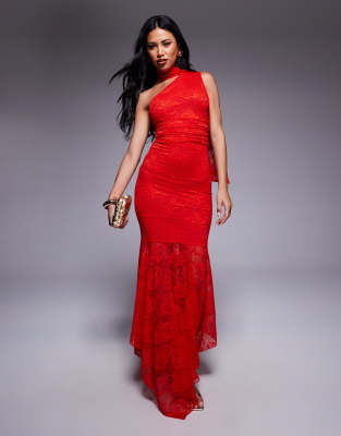 Kaiia exclusive double layered slinky lace asymmetric scarf neck sheer hem maxi dress in red - view 1