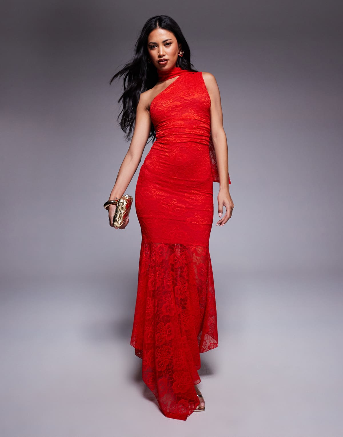 Kaiia exclusive double layered slinky lace asymmetric scarf neck sheer hem maxi dress in red