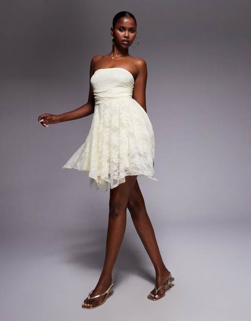 Kaiia exclusive double layered slinky lace bandeau ruffle fairy asymmetric  hem lace dress in lemon | ASOS