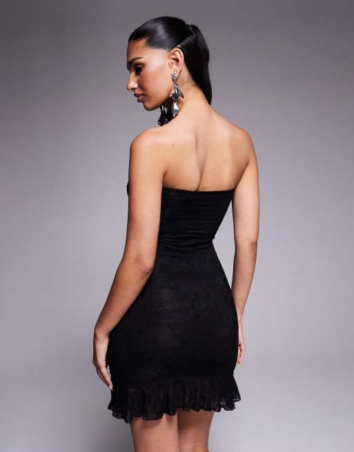 Kaiia exclusive double layered slinky lace bandeau ruffle mini dress in black , 3 of 4