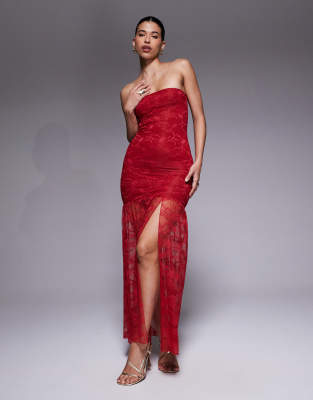 Kaiia Exclusive Double Layered Slinky Lace Bandeau Sheer Hem Maxi Dress In Red