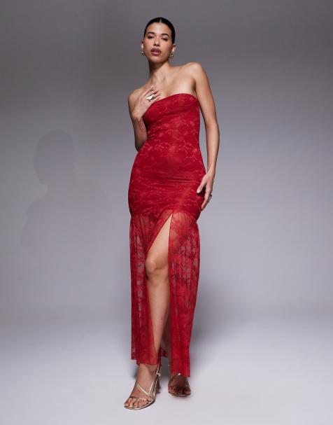 Kaiia exclusive double layered slinky lace bandeau sheer hem maxi dress in red - view 1