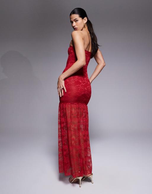 Kaiia exclusive double layered slinky lace bandeau sheer hem maxi dress in red, 3 of 4