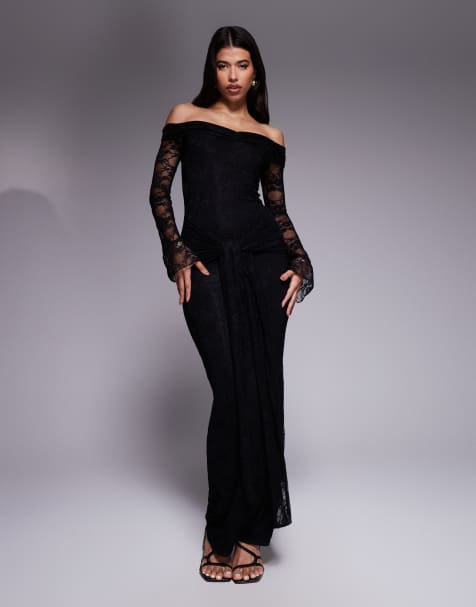 Kaiia exclusive double-layered slinky lace bardot flare sleeve tie waist drape detail maxi dress in black - view 1