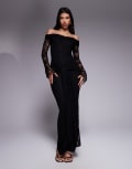 [Kaiia] Kaiia exclusive double-layered slinky lace bardot flare sleeve tie waist drape detail maxi dress in black 6 BLACK