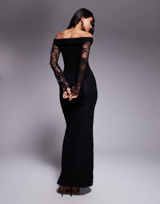 Kaiia exclusive double layered slinky lace off the shoulder flare sleeve tie waist drape detail maxi dress in black