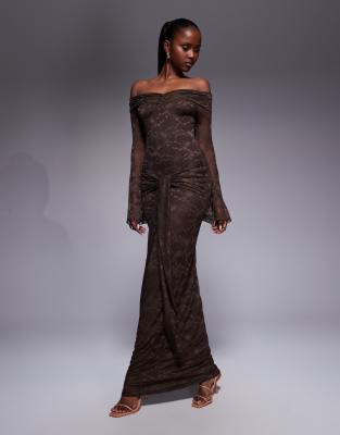 Kaiia Kaiia exclusive double layered slinky lace bardot flare sleeve tie waist drape detail maxi dress in chocolate-Brown