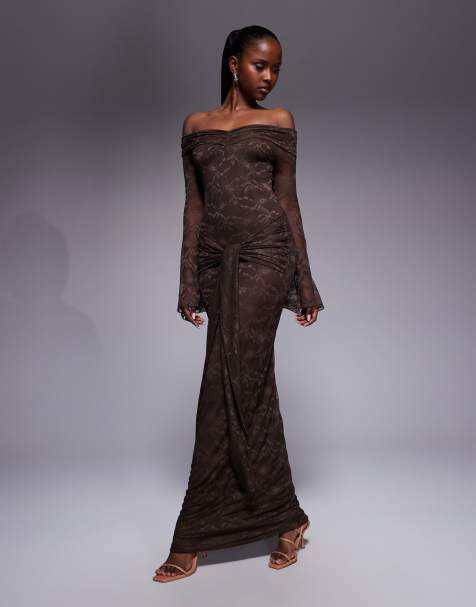 Kaiia exclusive double layered slinky lace bardot flare sleeve tie waist drape detail maxi dress in chocolate - view 1