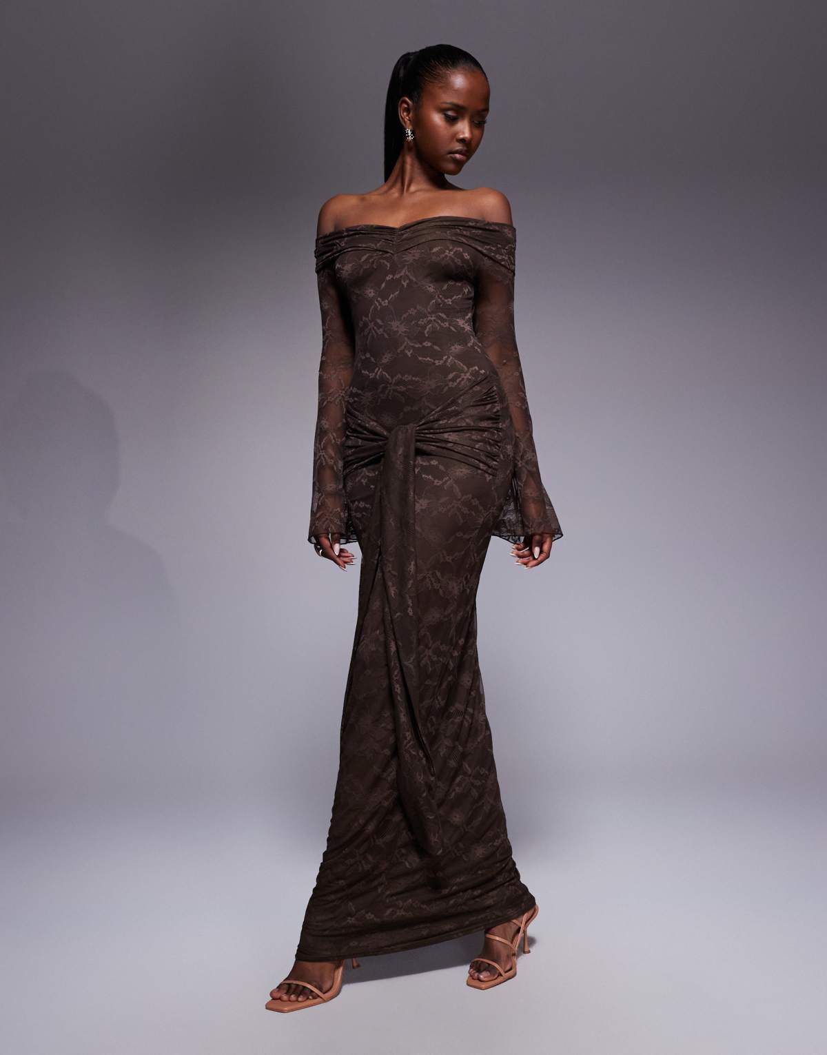 Kaiia exclusive double layered slinky lace bardot flare sleeve tie waist drape detail maxi dress in chocolate